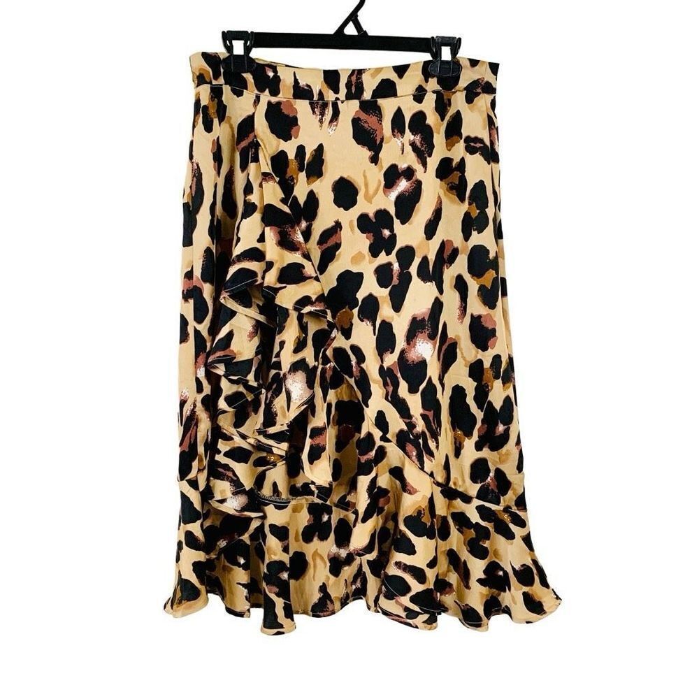 Leopard Print Satin Ruffle High Low Midi Skirt